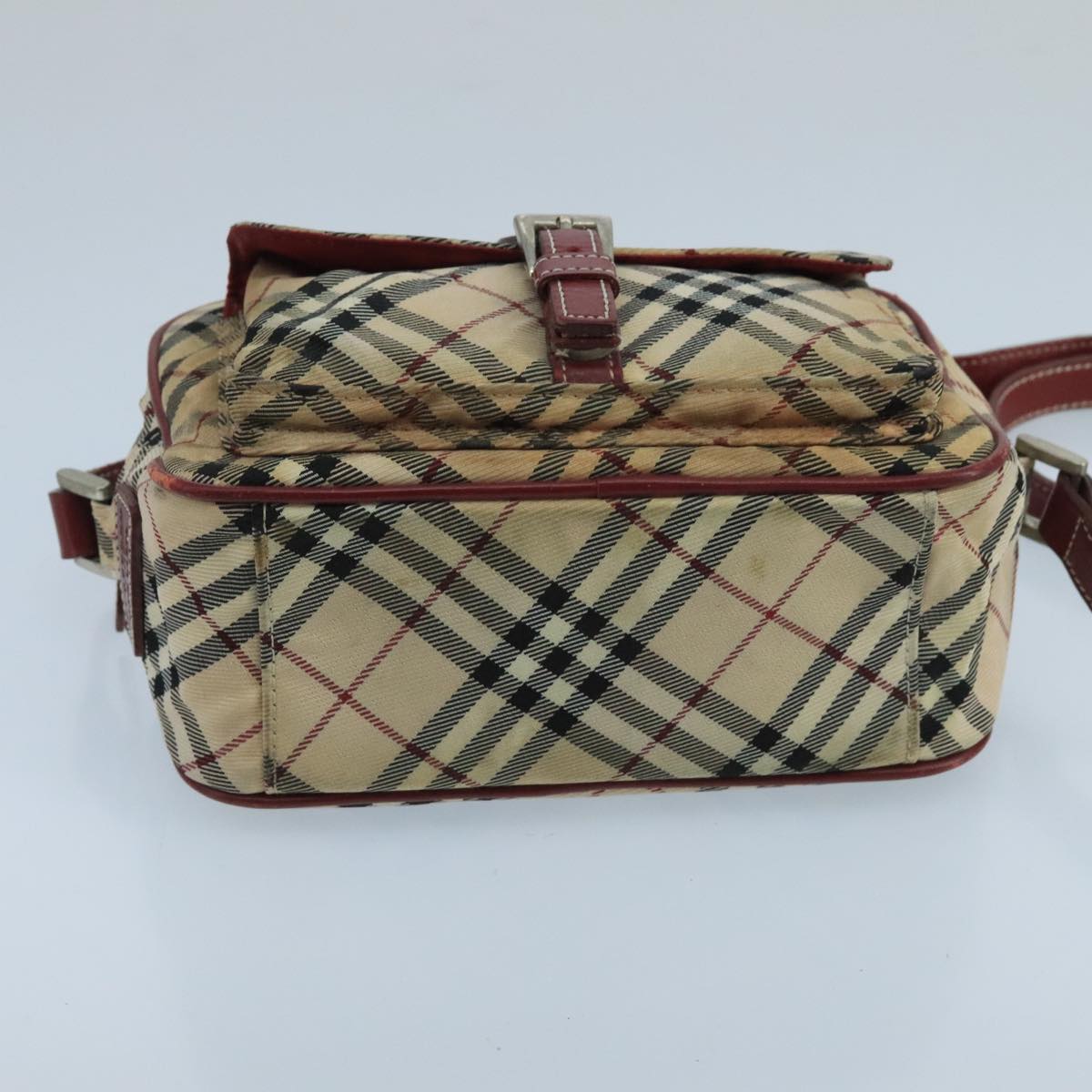 BURBERRY Nova Check Blue Label Shoulder Bag Nylon Beige Red Silver Auth 102455