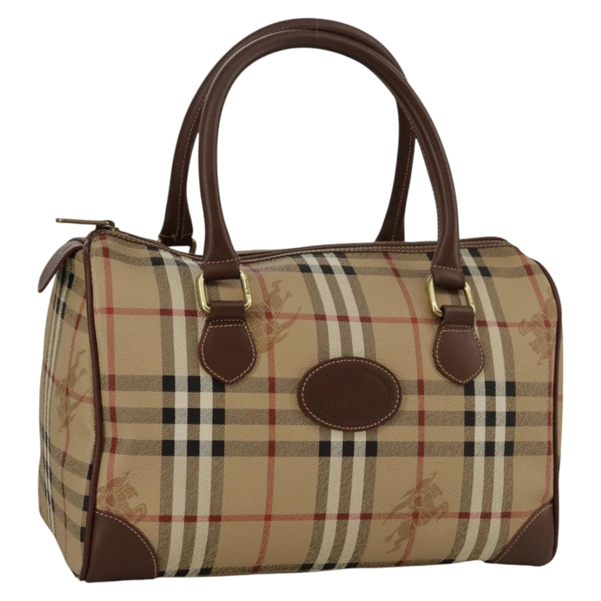 Burberrys Nova Check Boston Bag PVC Leather Beige Auth 102459