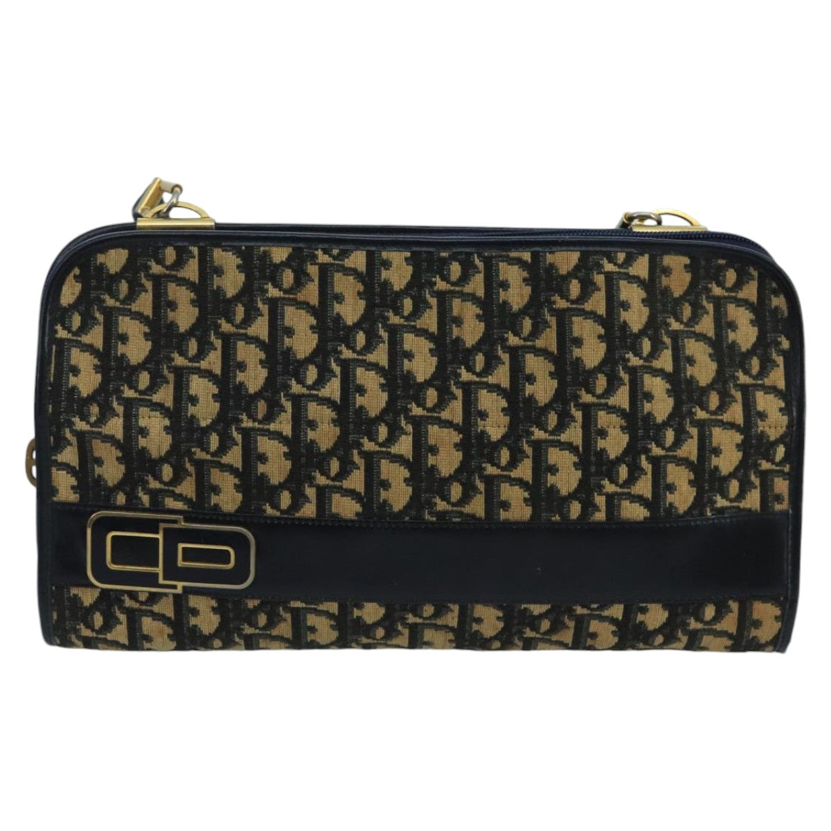 Christian Dior Trotter Canvas Shoulder Bag Navy Beige Gold Auth 102519