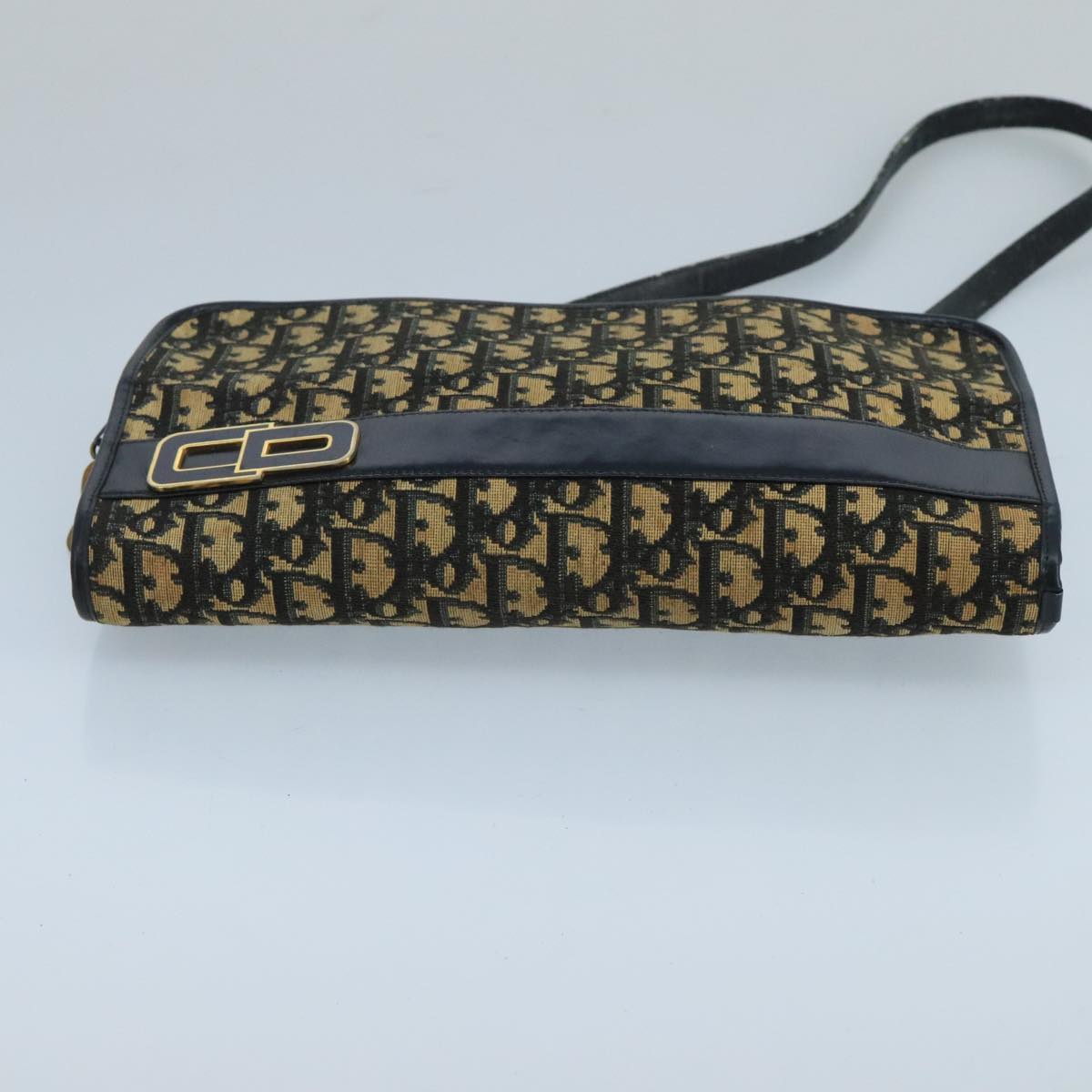 Christian Dior Trotter Canvas Shoulder Bag Navy Beige Gold Auth 102519