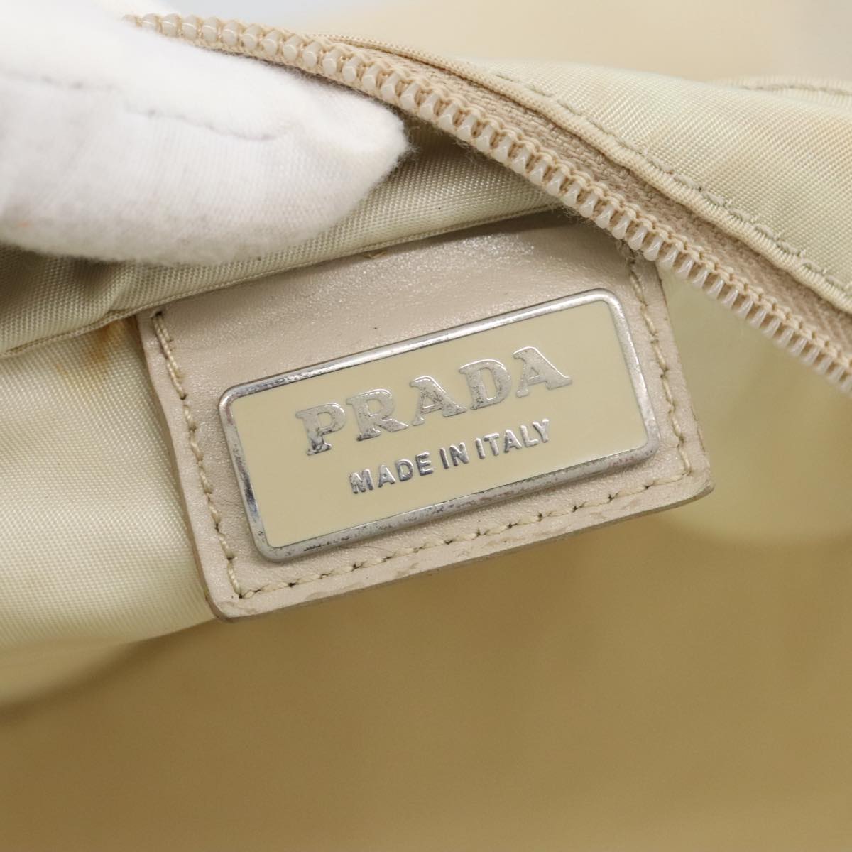 PRADA Shoulder Bag Nylon Beige Silver Auth 102692