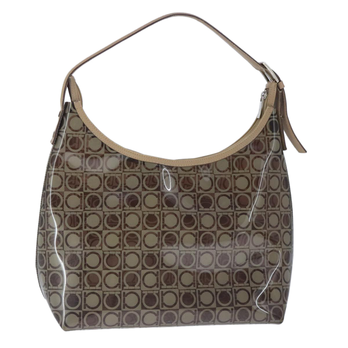 Salvatore Ferragamo Gancini Shoulder Bag Vinyl Leather Brown Silver Auth 102694