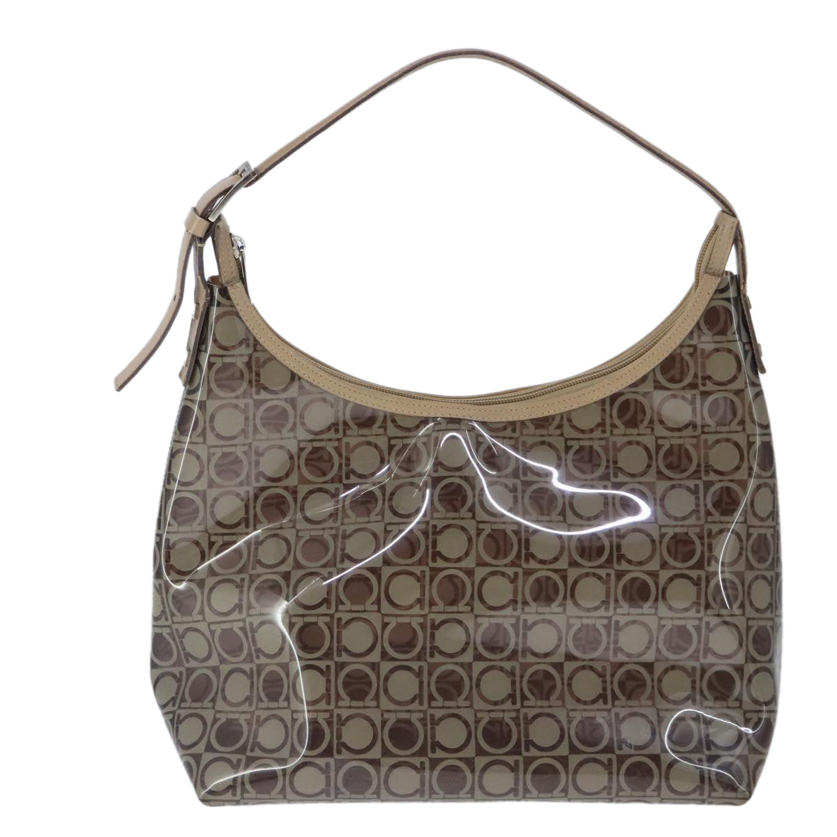 Salvatore Ferragamo Gancini Shoulder Bag Vinyl Leather Brown Silver Auth 102694
