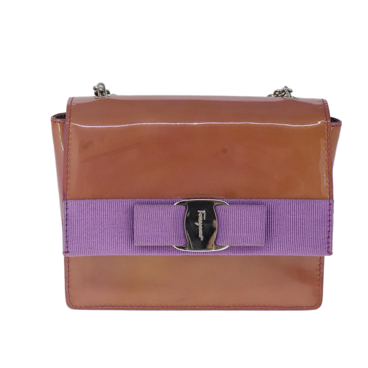 Salvatore Ferragamo Chain Shoulder Bag Enamel Purple Silver Auth 102708