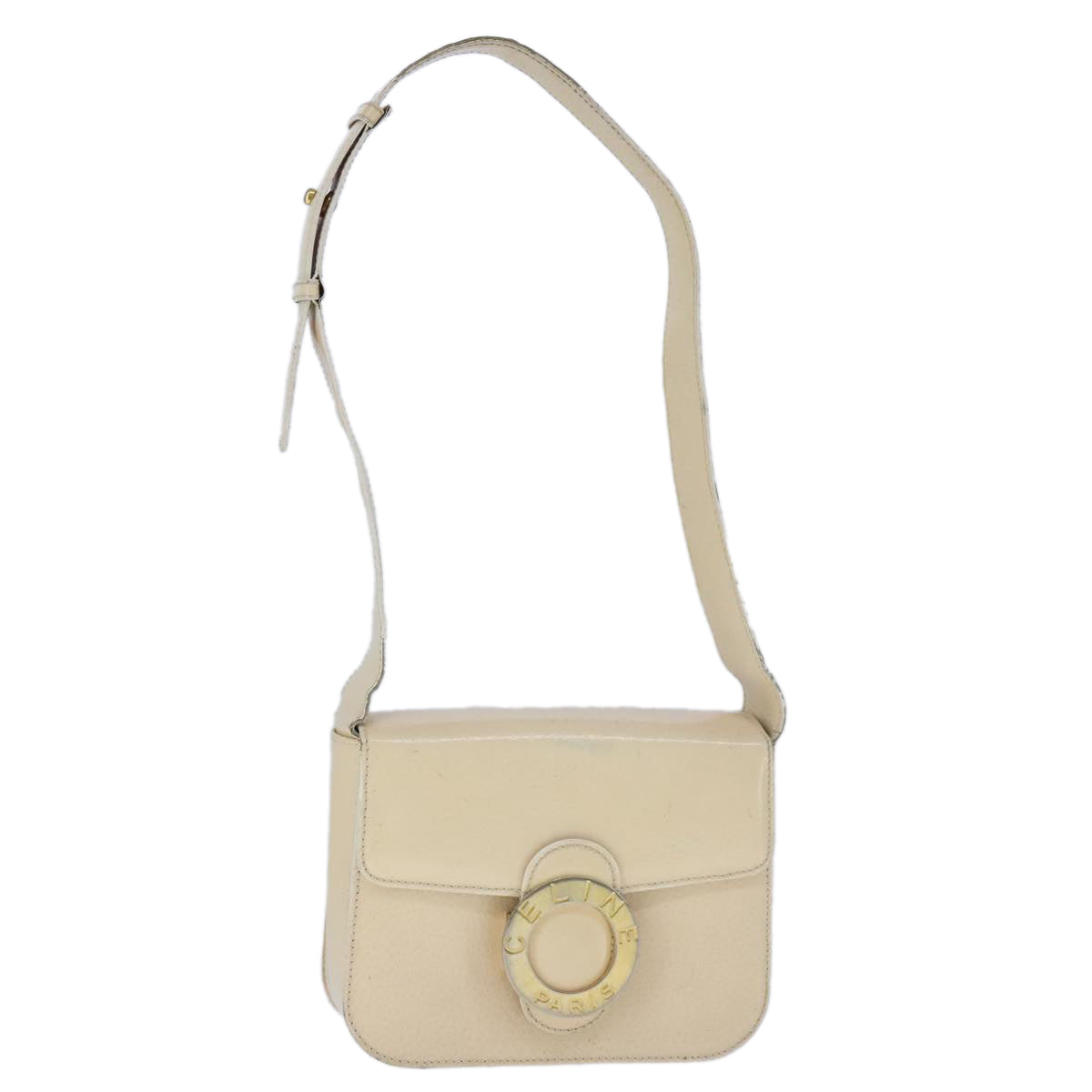 CELINE Circle Shoulder Bag Leather Beige Gold Auth 102742