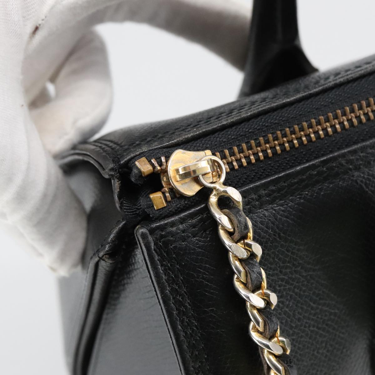 VALENTINO Hand Bag Leather Black Gold Auth 102756