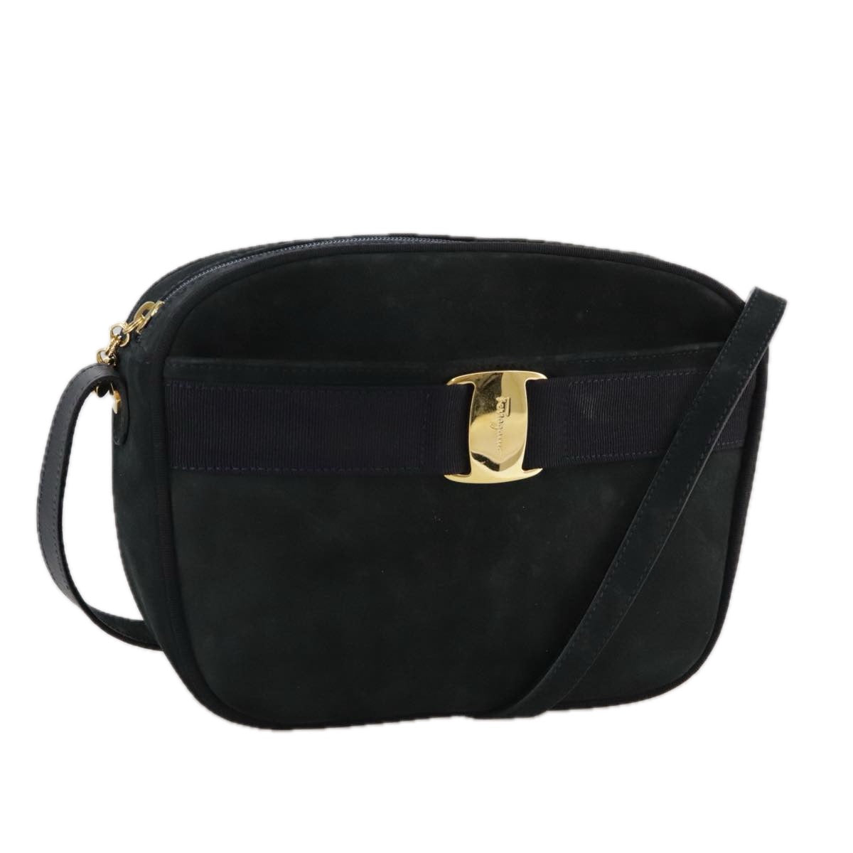 Salvatore Ferragamo Vala Shoulder Bag Suede Navy Gold Auth 102773