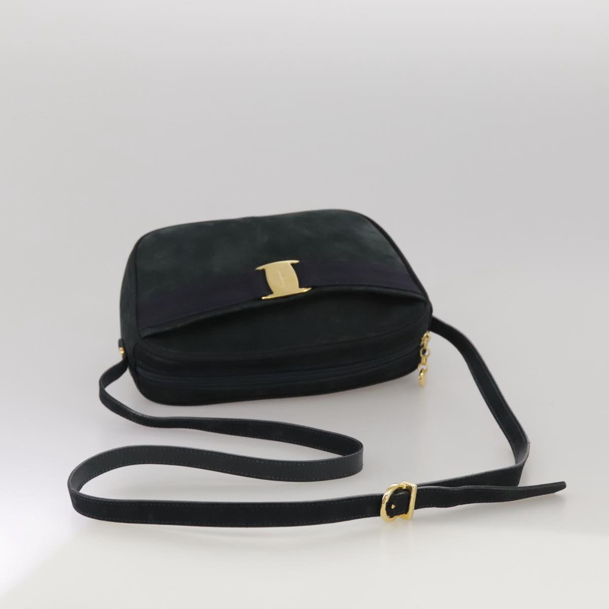 Salvatore Ferragamo Vala Shoulder Bag Suede Navy Gold Auth 102773