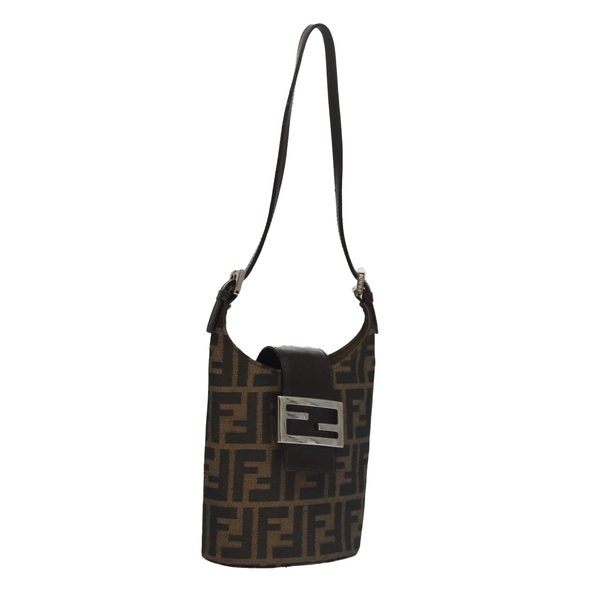 FENDI Zucca Canvas Shoulder Bag Brown Black Silver Auth 102811