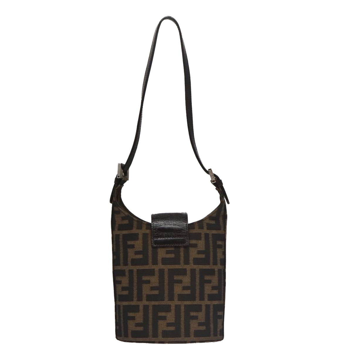 FENDI Zucca Canvas Shoulder Bag Brown Black Silver Auth 102811