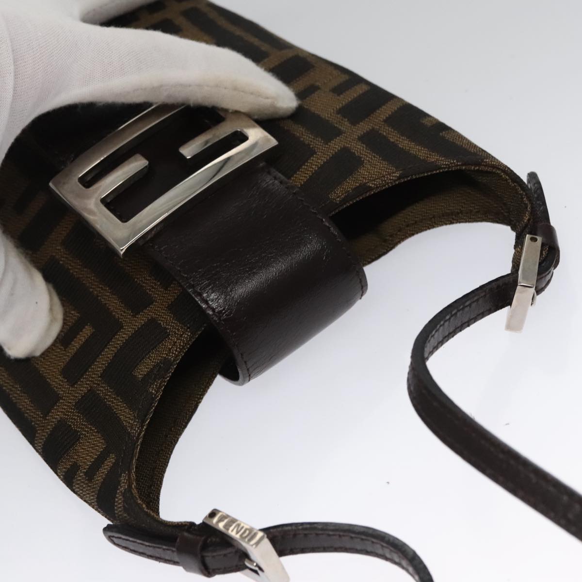 FENDI Zucca Canvas Shoulder Bag Brown Black Silver Auth 102811