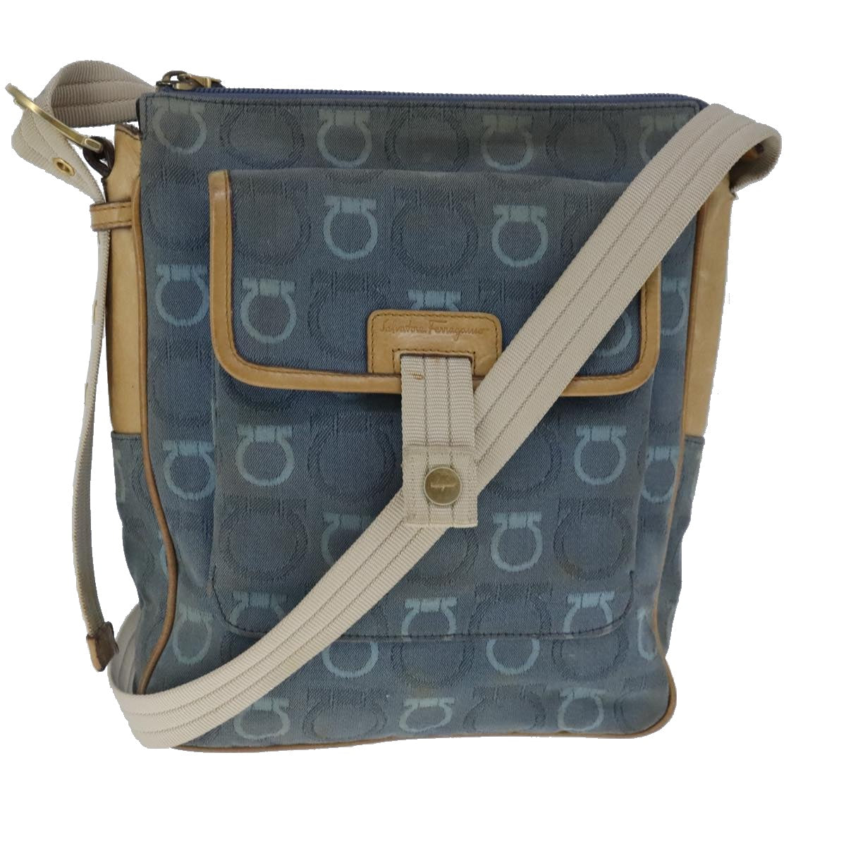 Salvatore Ferragamo Shoulder Bag Canvas Blue Auth 102835