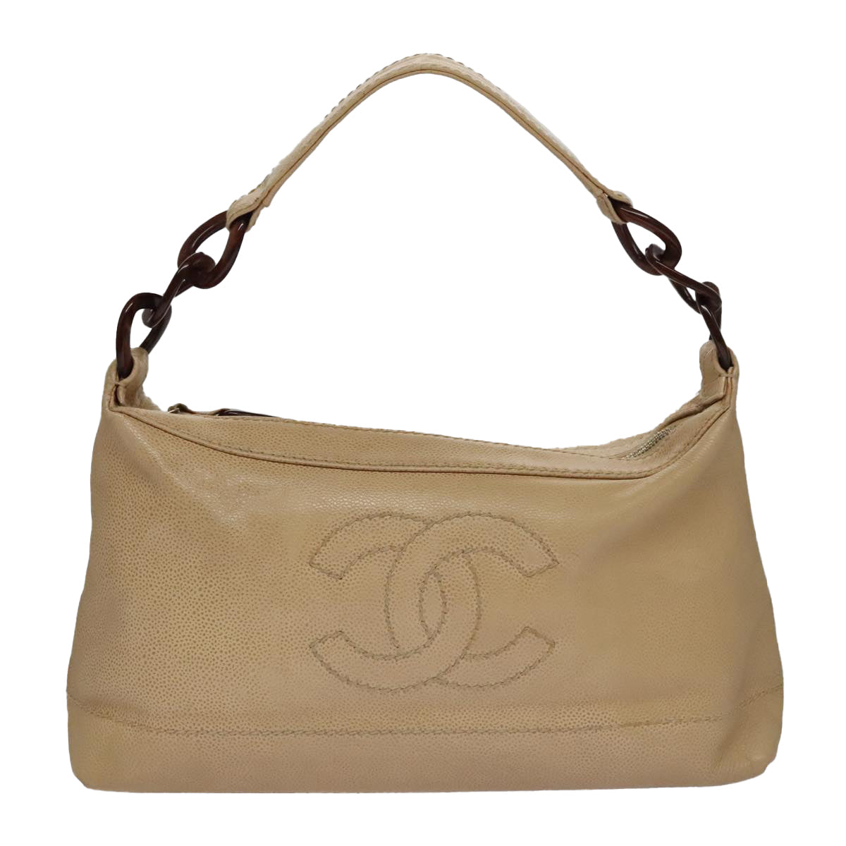 CHANEL COCO Mark Shoulder Bag Caviar Skin Beige CC Auth 102917