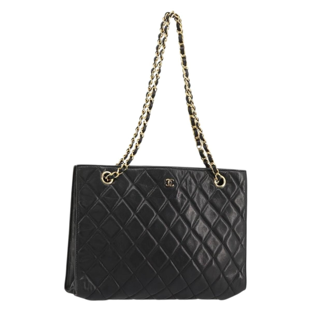 CHANEL Matelasse Chain Tote Bag Leather Black Gold CC Auth 102918