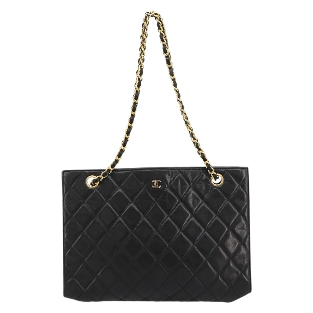 CHANEL Matelasse Chain Tote Bag Leather Black Gold CC Auth 102918