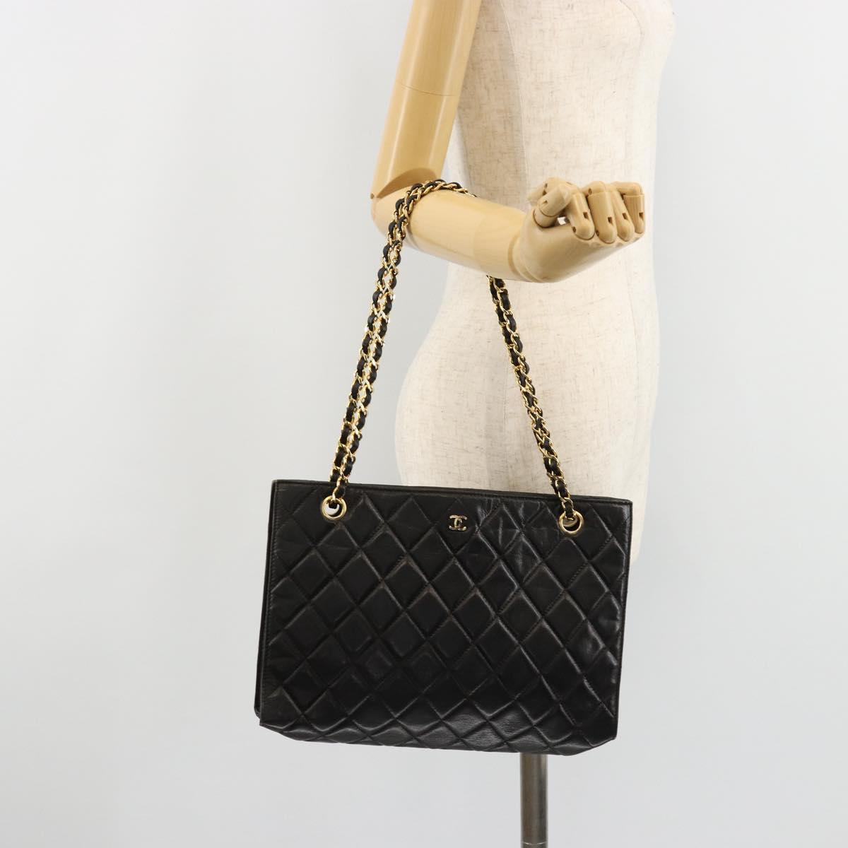 CHANEL Matelasse Chain Tote Bag Leather Black Gold CC Auth 102918