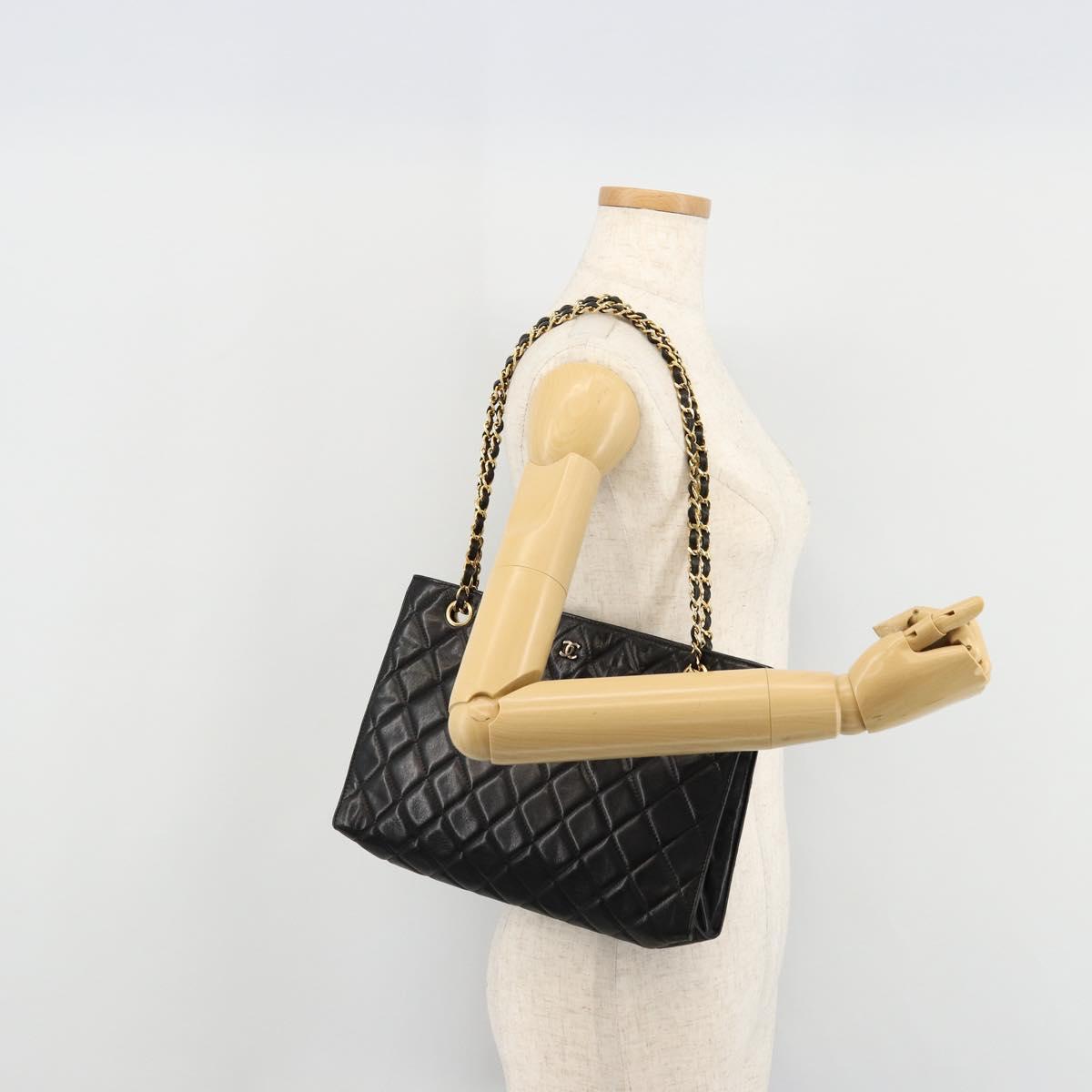 CHANEL Matelasse Chain Tote Bag Leather Black Gold CC Auth 102918