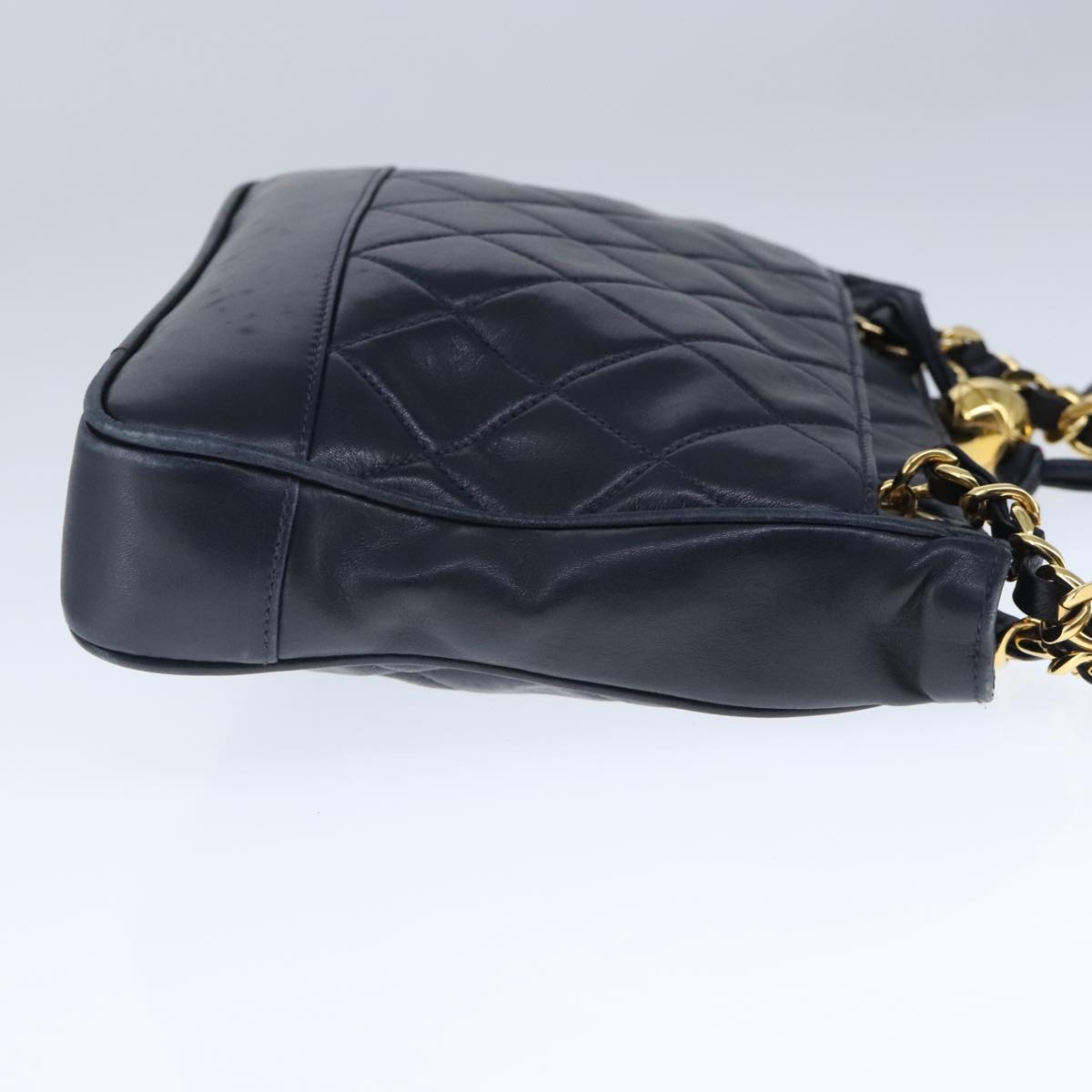 CHANEL Matelasse Chain Shoulder Bag Lamb Skin Navy Gold CC Auth 102927