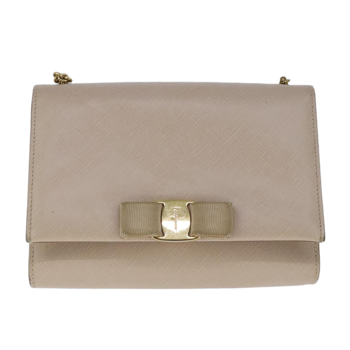 Salvatore Ferragamo Vala Chain Shoulder Bag Leather Beige Gold Auth 102951