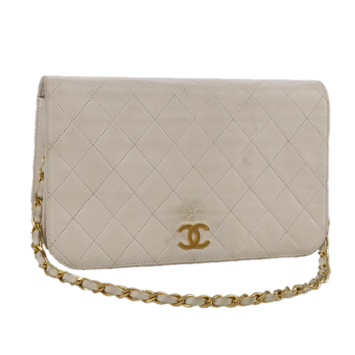 CHANEL Matelasse Chain Shoulder Bag Lamb Skin White CC Auth 102955