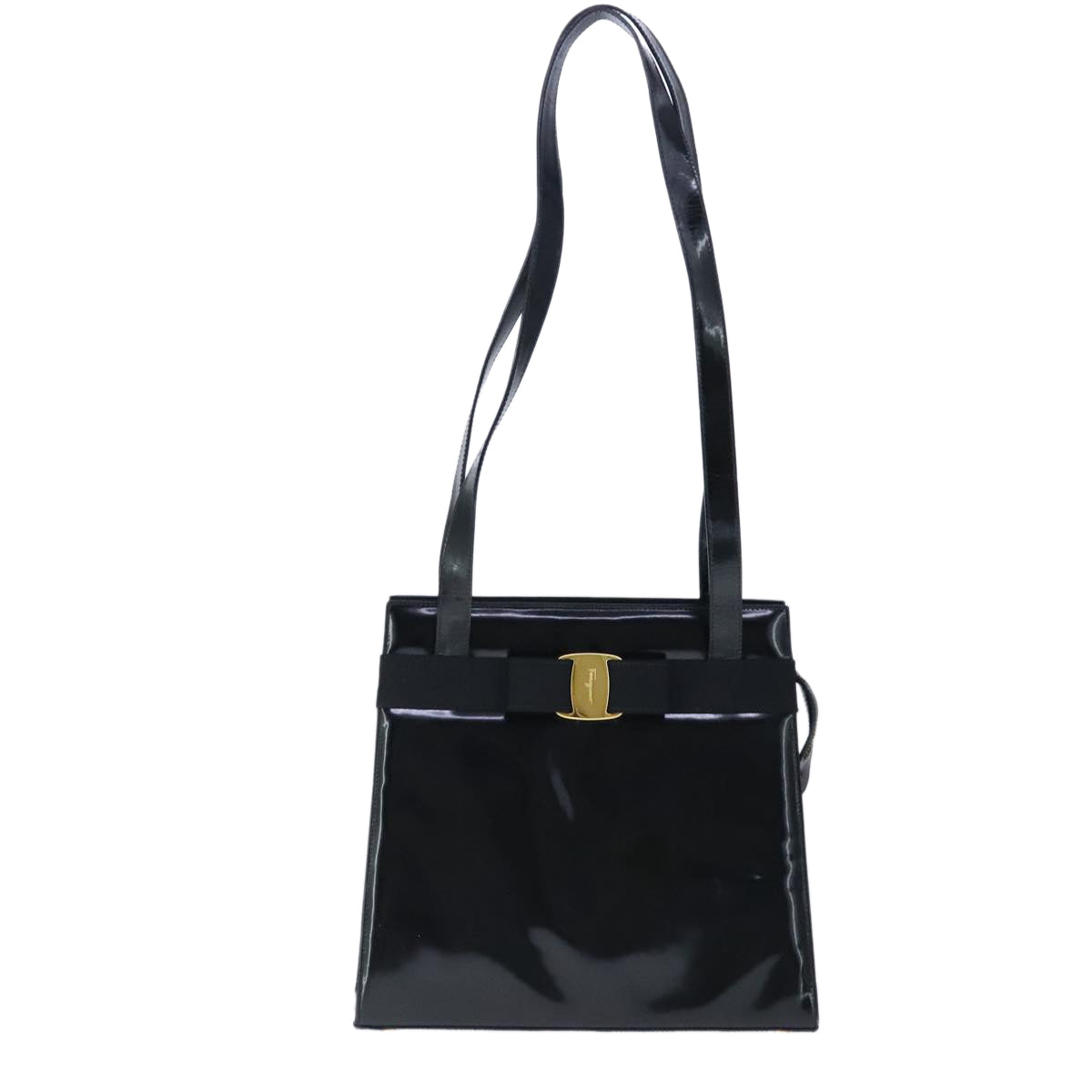 Salvatore Ferragamo Vala Shoulder Bag Patent leather Black Gold Auth 102981