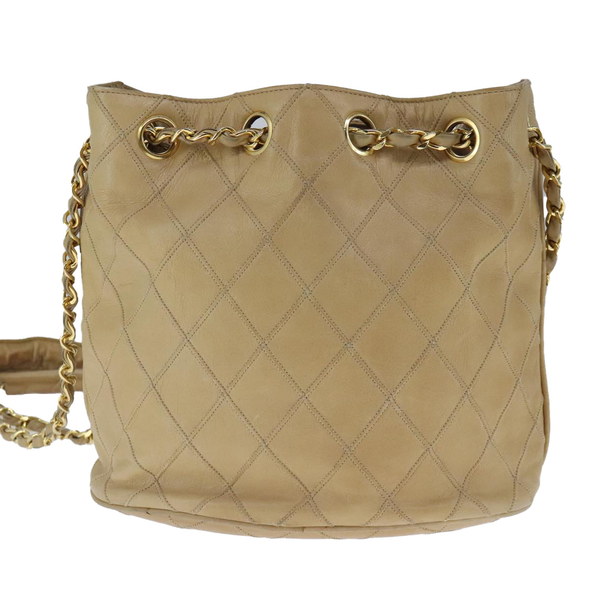 CHANEL Bicolore Chain Shoulder Bag Lamb Skin Beige Gold CC Auth 103006