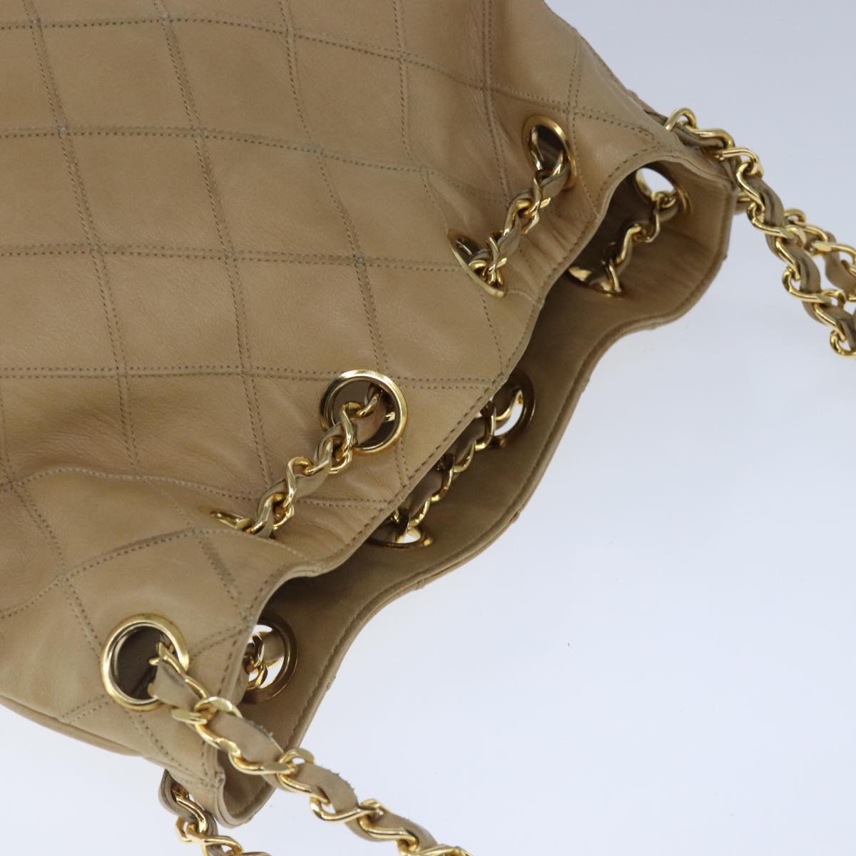 CHANEL Bicolore Chain Shoulder Bag Lamb Skin Beige Gold CC Auth 103006