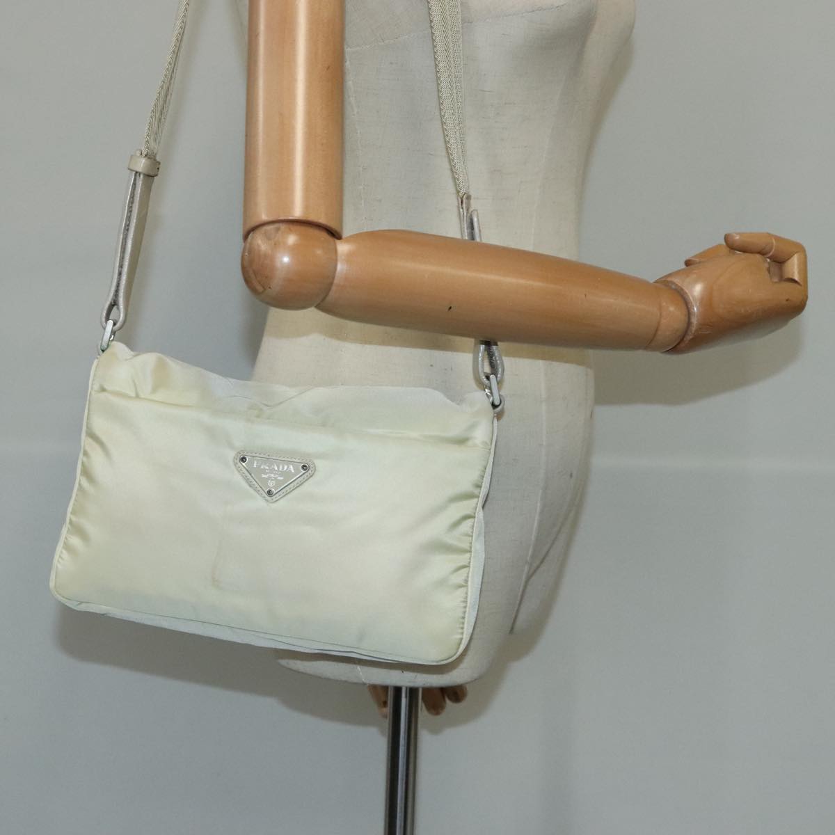 PRADA Shoulder Bag Nylon Beige Silver Auth 103011