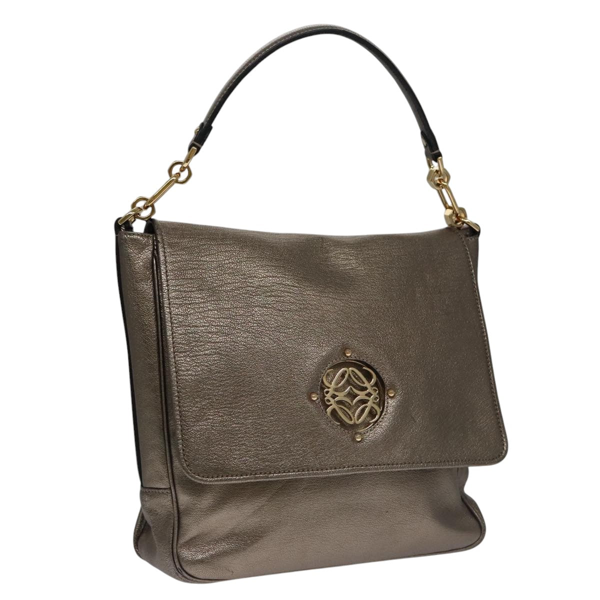 LOEWE anagram Hand Bag Leather Bronze Auth 103025
