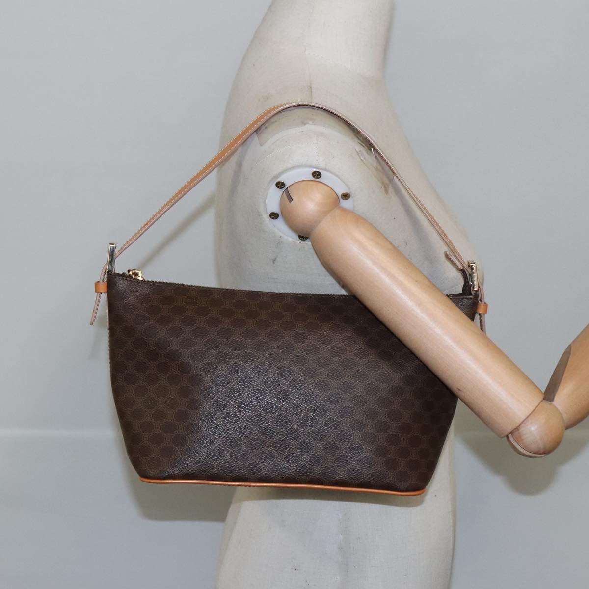 CELINE Macadam Canvas Shoulder Bag PVC Leather Brown Gold Auth 103055