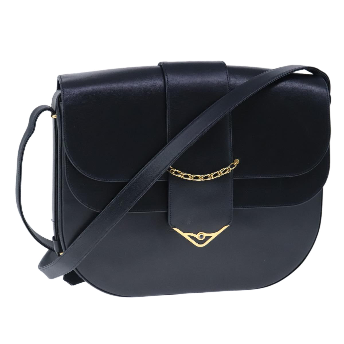 CARTIER Shoulder Bag Leather Navy Gold Auth 103057