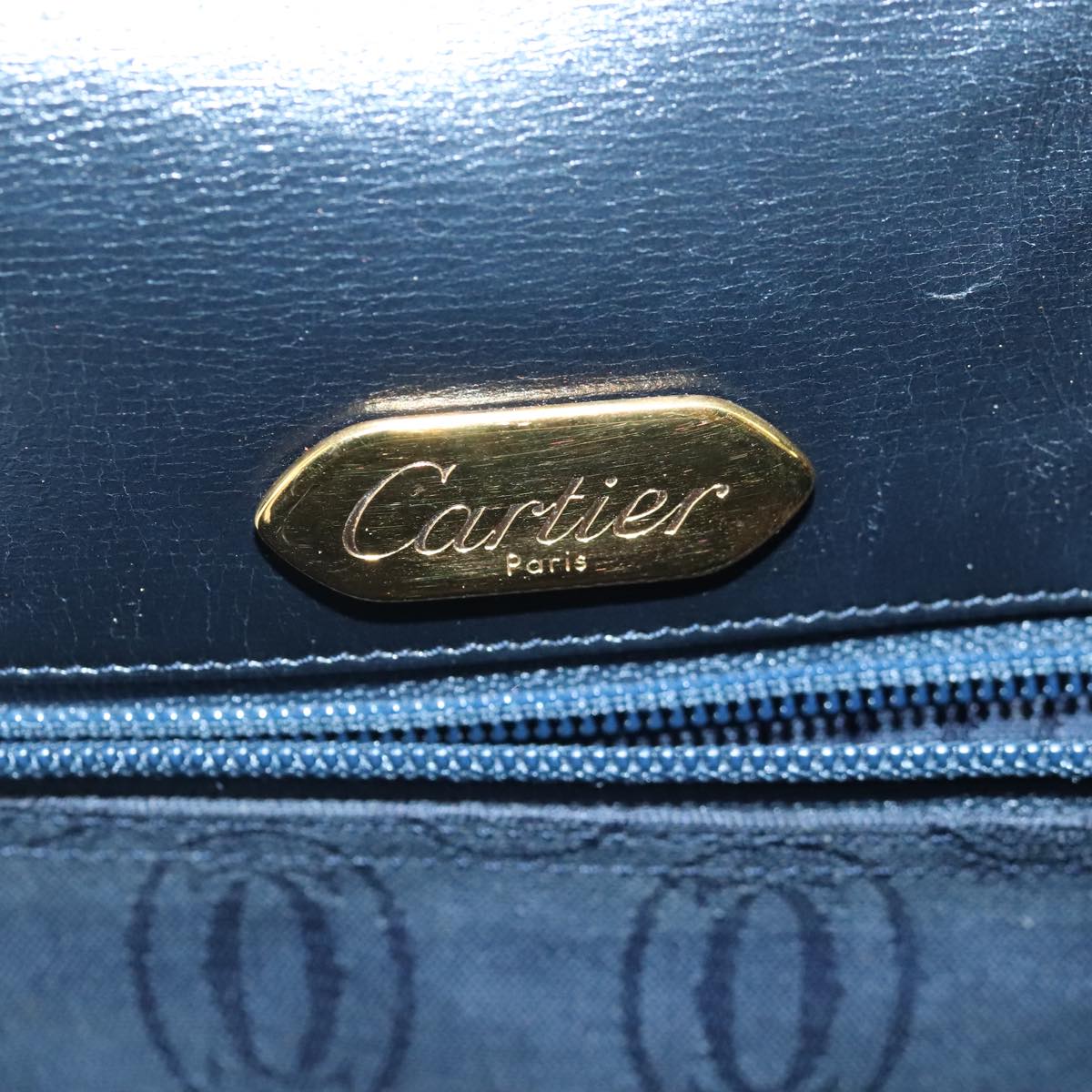 CARTIER Shoulder Bag Leather Navy Gold Auth 103057