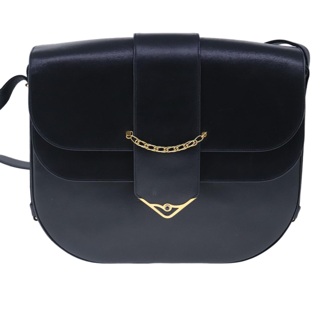 CARTIER Shoulder Bag Leather Navy Gold Auth 103057