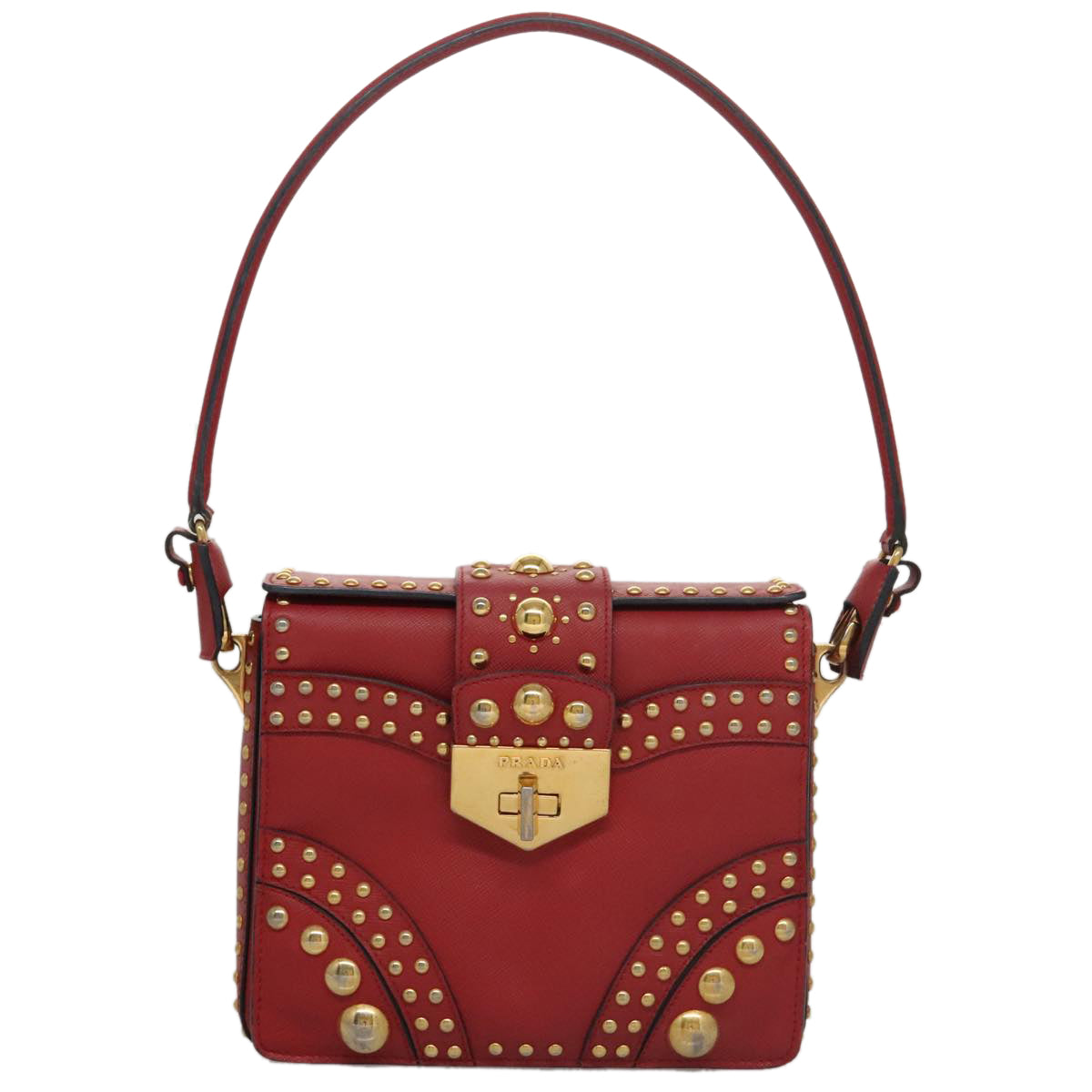 PRADA Shoulder Bag Leather Red Gold Auth 103083