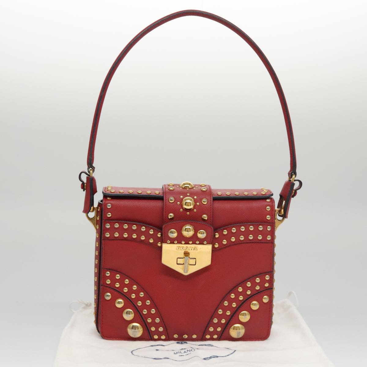 PRADA Shoulder Bag Leather Red Gold Auth 103083