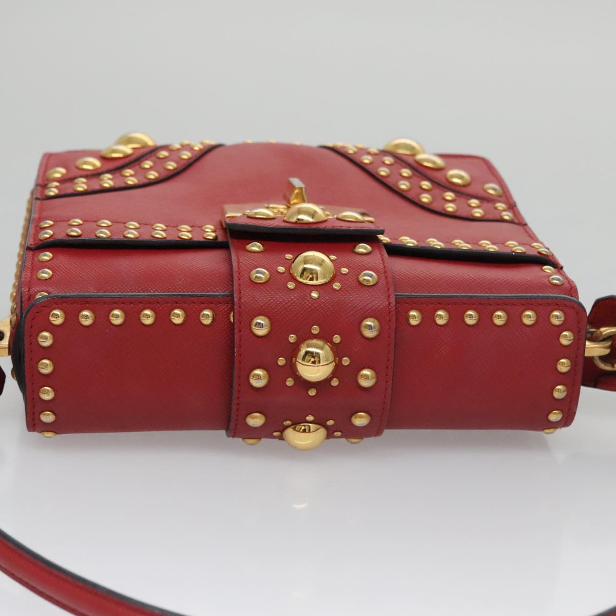 PRADA Shoulder Bag Leather Red Gold Auth 103083