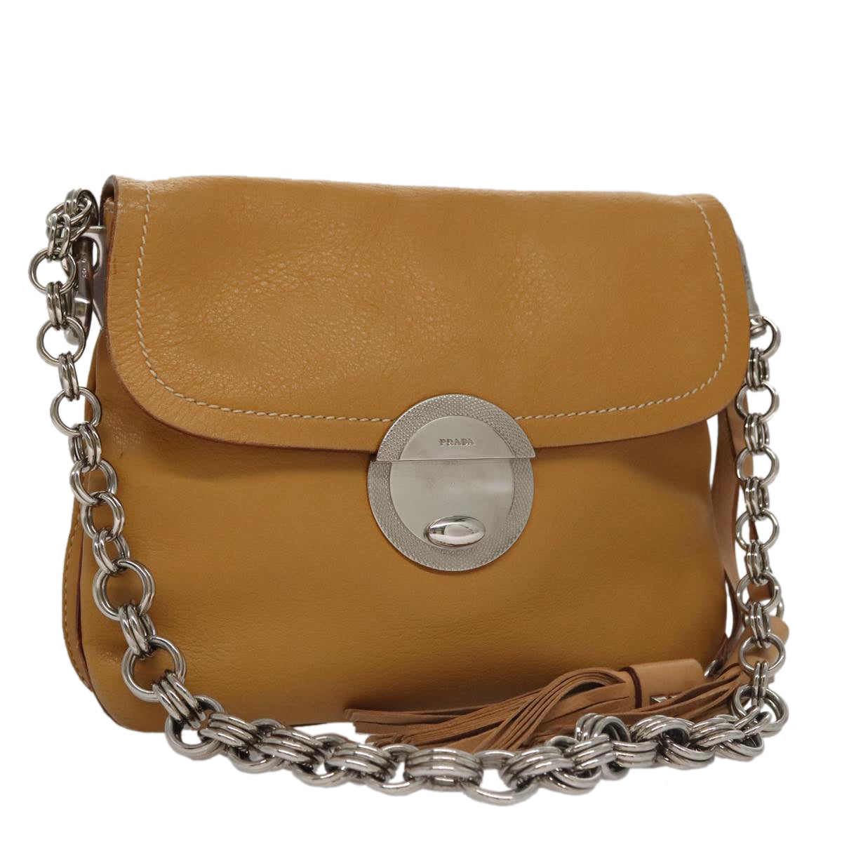 PRADA Chain Shoulder Bag Leather Beige Silver Auth 103084