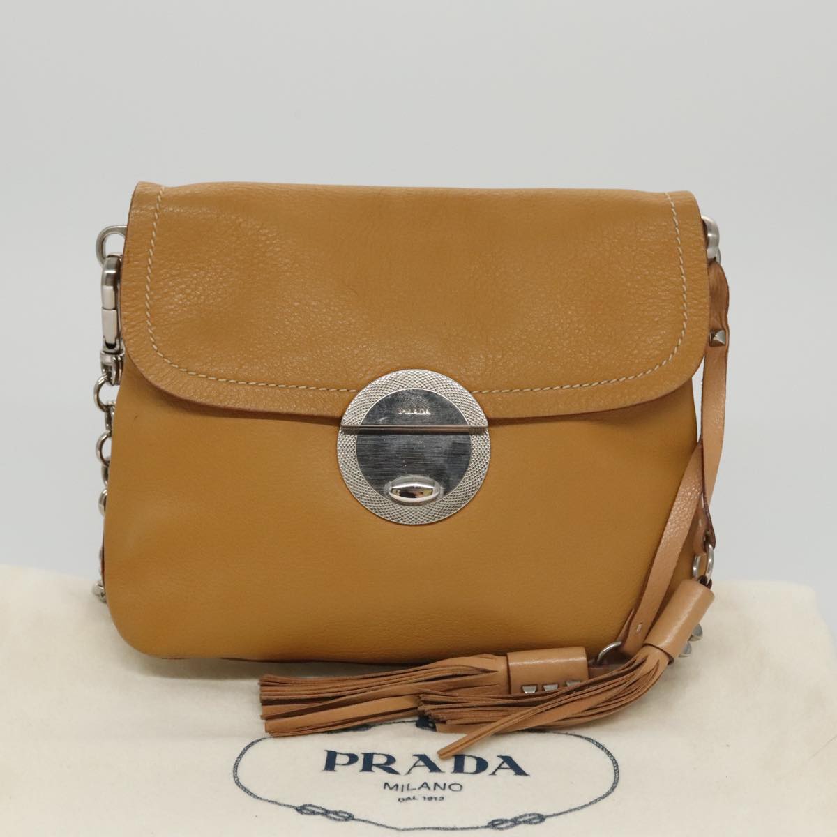 PRADA Chain Shoulder Bag Leather Beige Silver Auth 103084