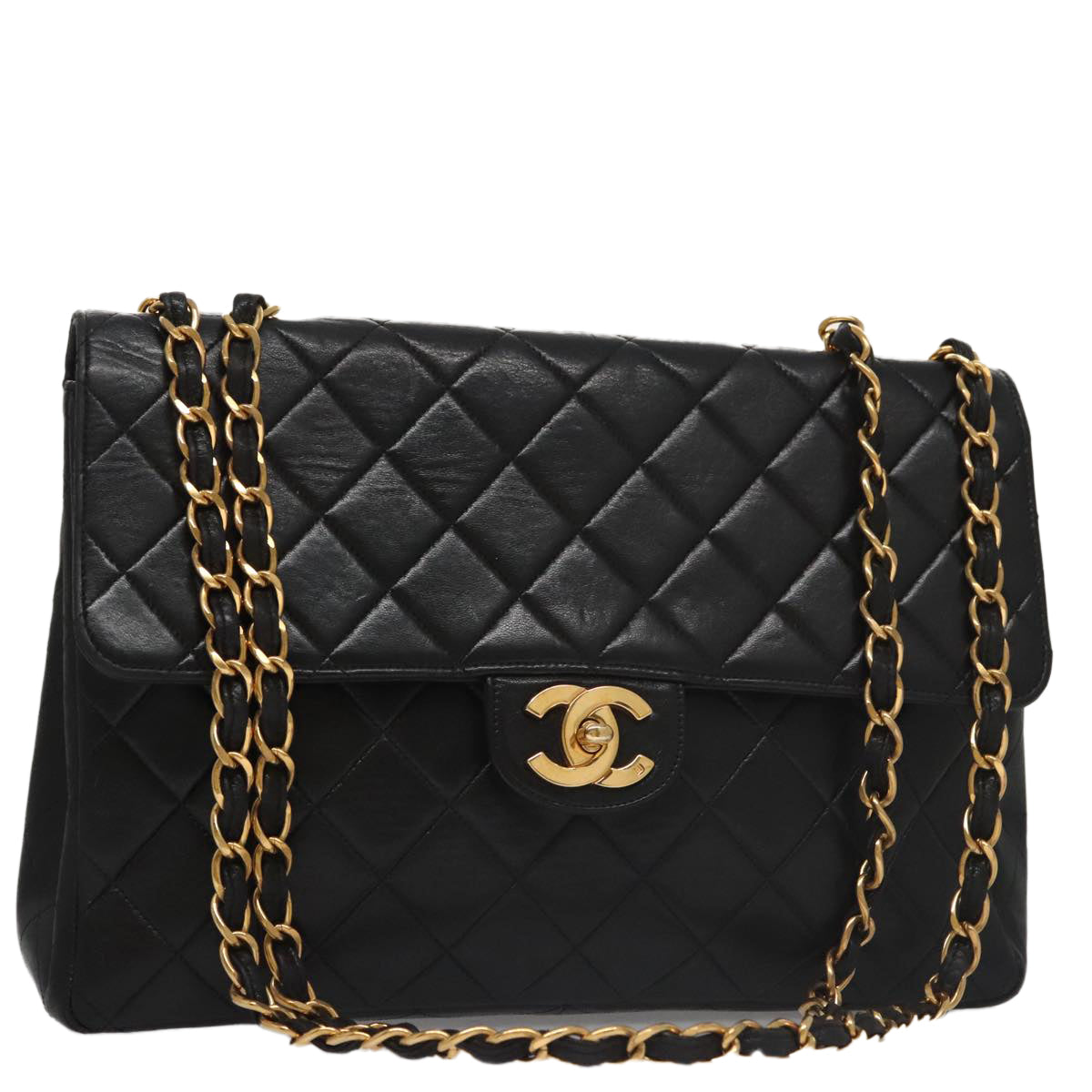 CHANEL Matelasse 31 Chain Shoulder Bag Lamb Skin Black Gold CC Auth 103204A