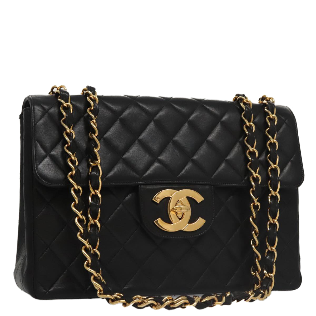 CHANEL Matelasse 31 Chain Shoulder Bag Lamb Skin Black Gold CC Auth 103205A