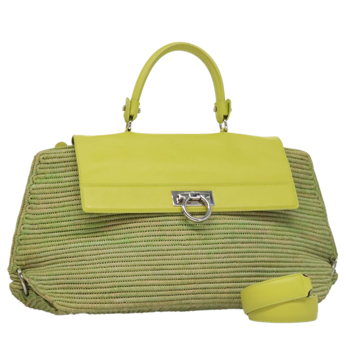 Salvatore Ferragamo Sofia Gancini Hand Bag Straw Leather 2way Green Auth 103207V