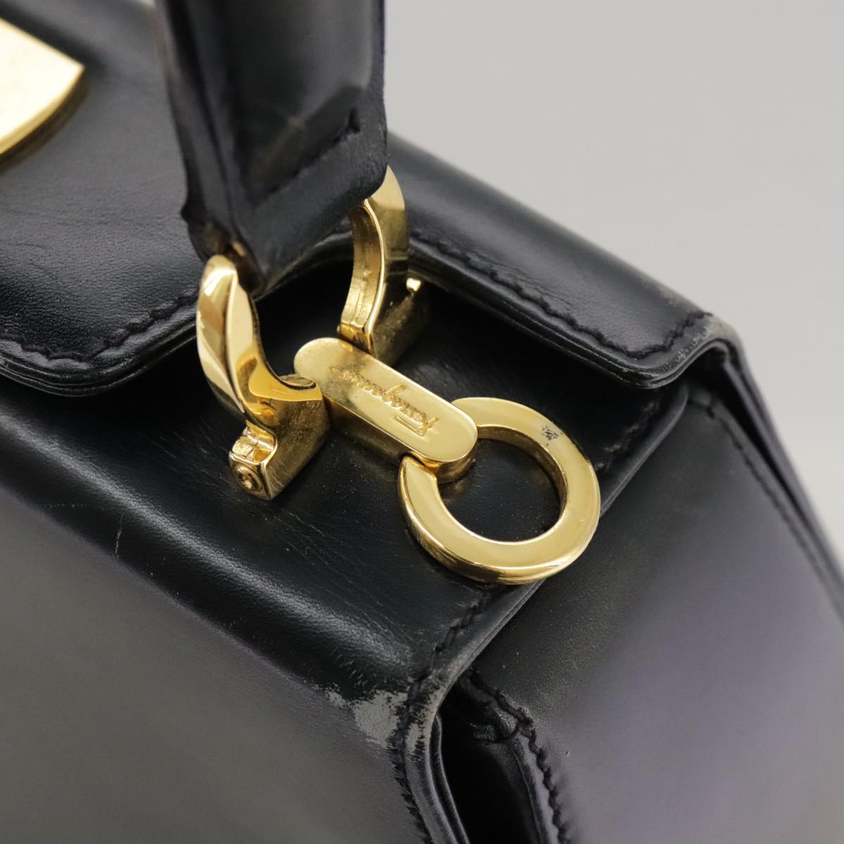 Salvatore Ferragamo Gancini Hand Bag Leather 2way Black Gold Auth 103208