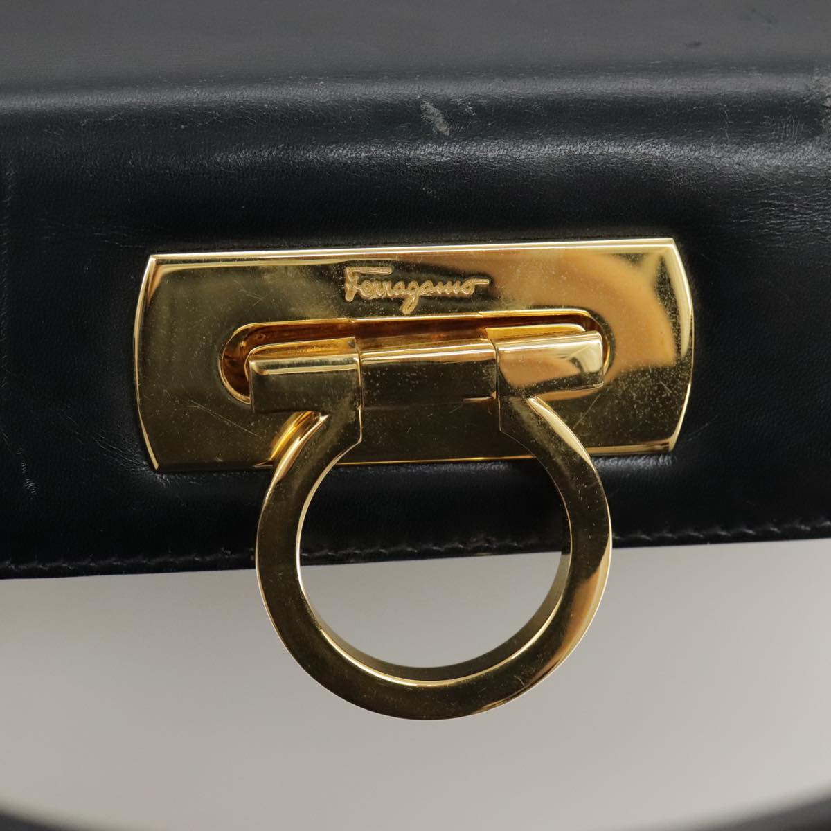 Salvatore Ferragamo Gancini Hand Bag Leather 2way Black Gold Auth 103208