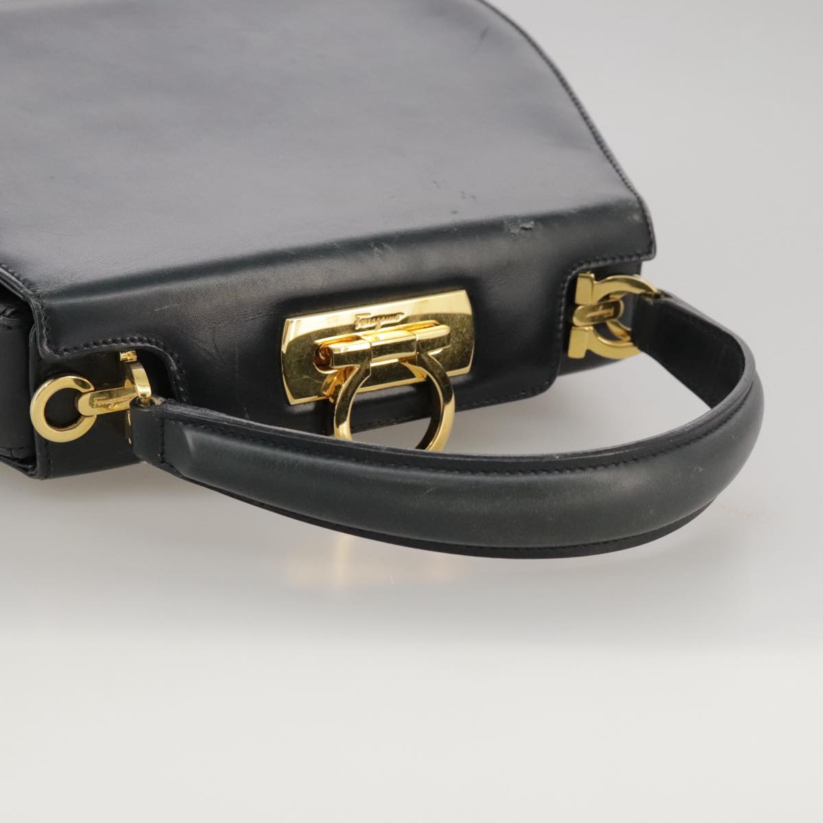 Salvatore Ferragamo Gancini Hand Bag Leather 2way Black Gold Auth 103208