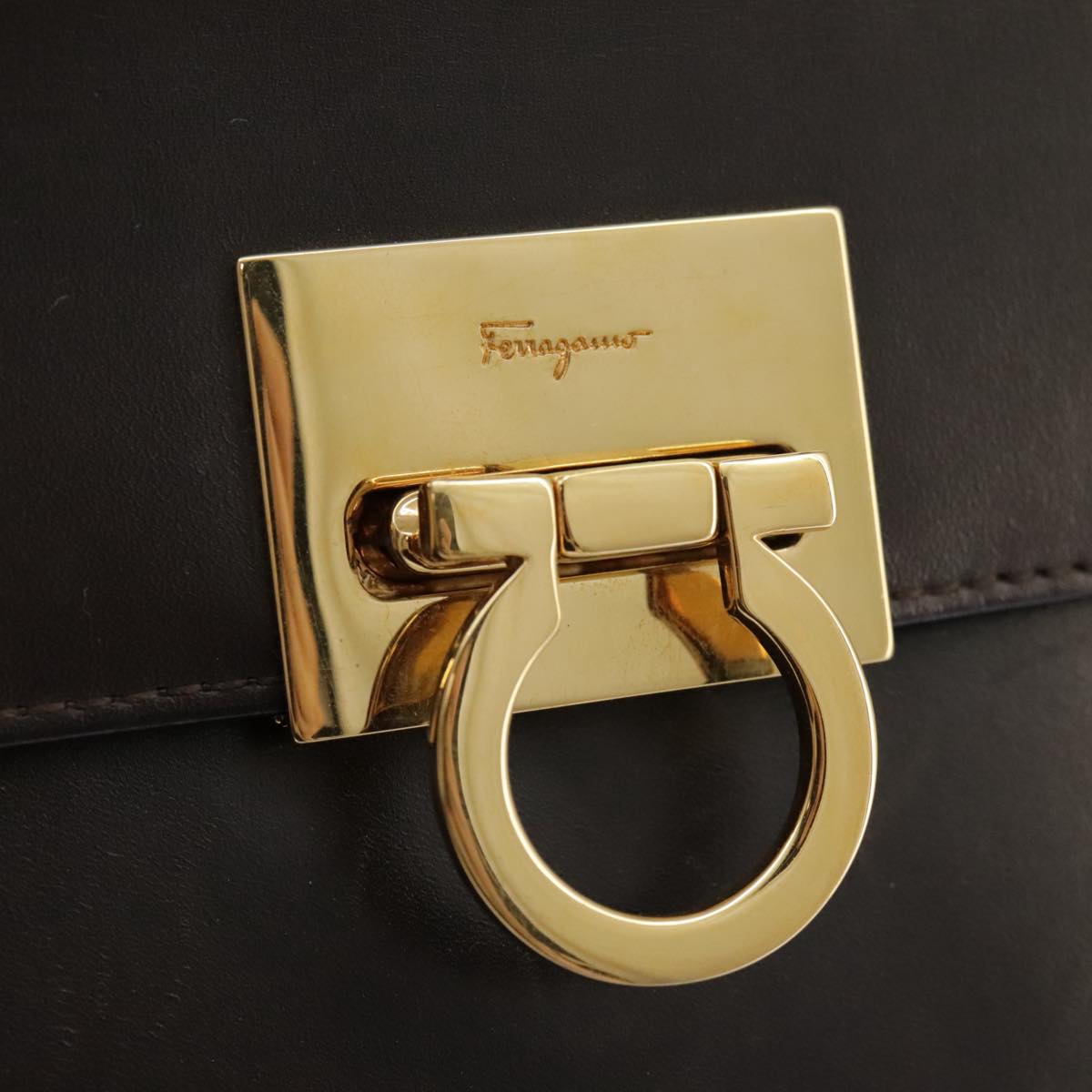 Salvatore Ferragamo Gancini Hand Bag Leather 2way Dark Brown Gold Auth 103214