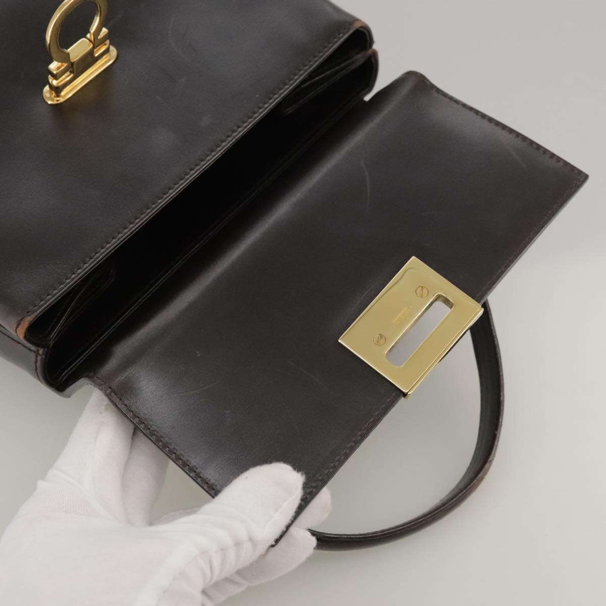 Salvatore Ferragamo Gancini Hand Bag Leather 2way Dark Brown Gold Auth 103214