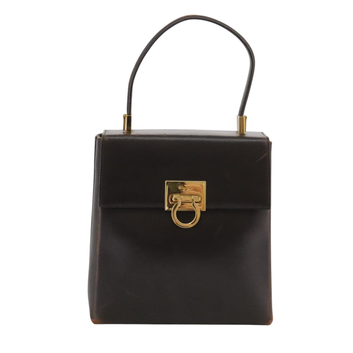 Salvatore Ferragamo Gancini Hand Bag Leather 2way Dark Brown Gold Auth 103214
