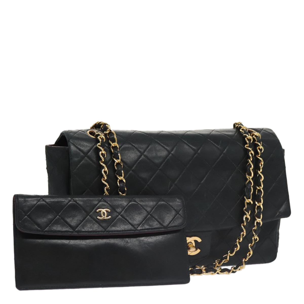 CHANEL Matelasse Chain Shoulder Bag Lamb Skin Black Gold CC Auth 103222