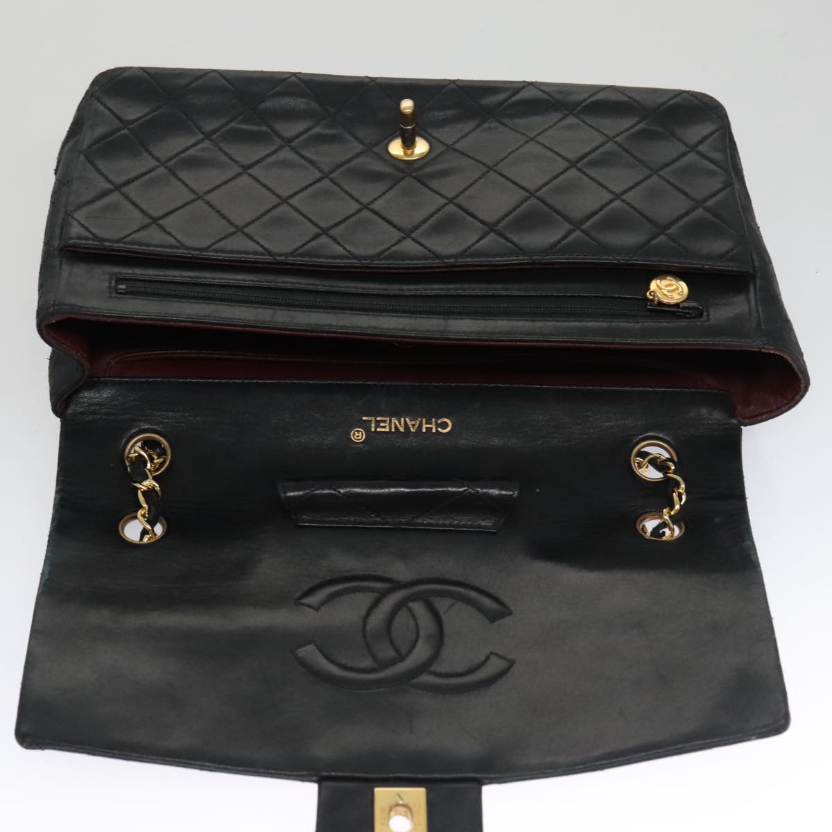 CHANEL Matelasse Chain Shoulder Bag Lamb Skin Black Gold CC Auth 103222