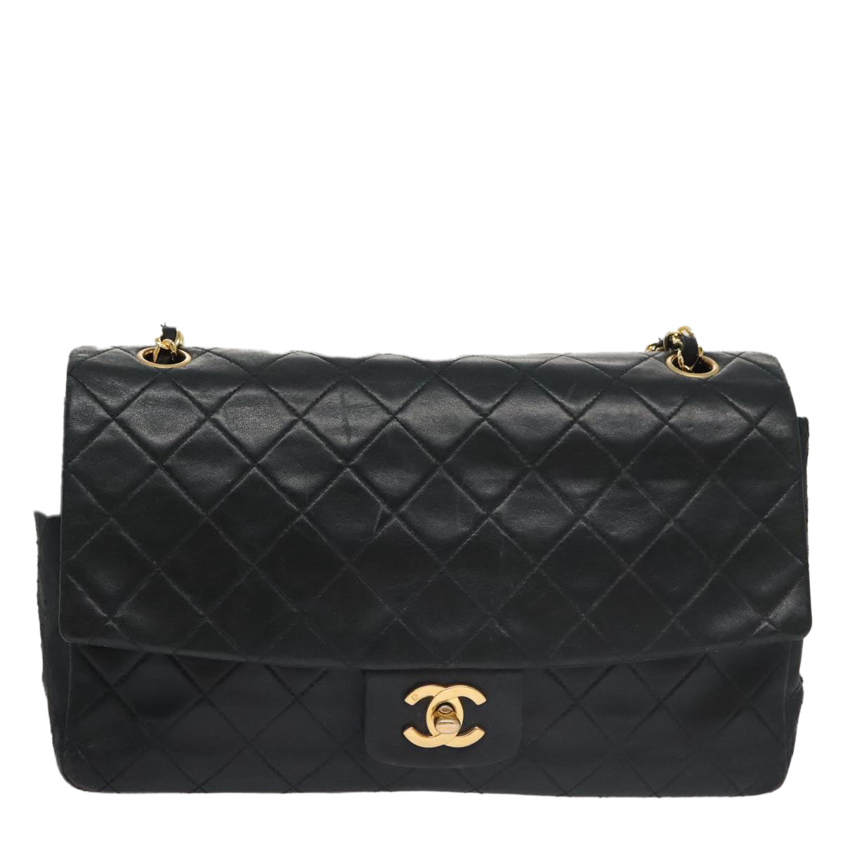 CHANEL Matelasse Chain Shoulder Bag Lamb Skin Black Gold CC Auth 103222